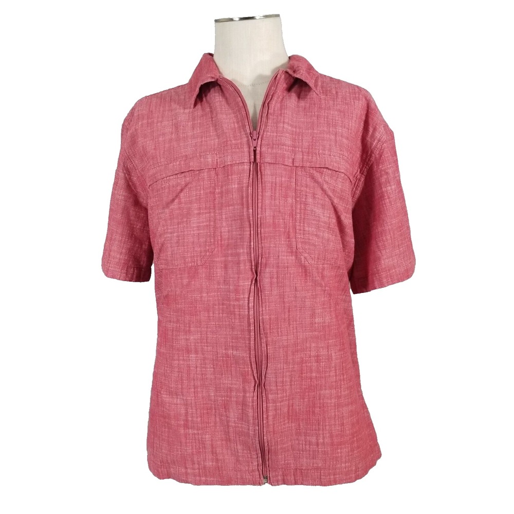 John Blair Shirt Men XL Red Retro Full Zip Short Sleeve Cotton Knit Pockets